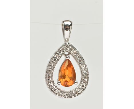 A WHITE METAL CITRINE AND DIAMOND DROP PENDANT, of a pear shape, suspending a central pear cut citrine in  three claw setting