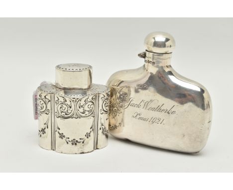 A LATE VICTORIAN SILVER TEA CADDY OF SHAPED OVAL FORM AND A GEORGE V SILVER HIP FLASK, the tea caddy with pull off cover, rep