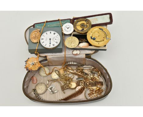 A BLACK LEATHER CASE WITH CONTENTS, to include a ladies silver gilt 'Rotary' quartz wristwatch, fitted with a gate bracelet a