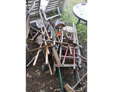 A LARGE COLLECTION OF GARDEN TOOLS AND STEP LADDERS including forks, spades, long handled shovels, a wooden and an aluminium 