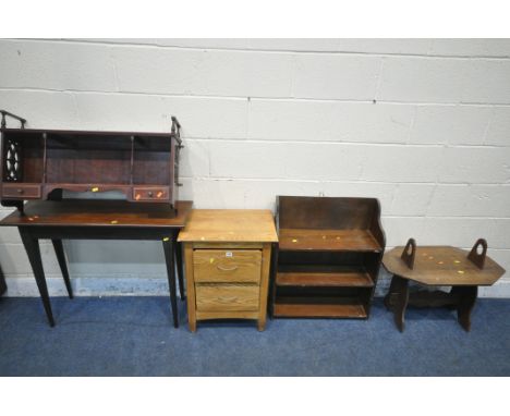 AN OAK TWO DRAWER BEDSIDE CABINET, width 51cm x depth 37cm x height 67cm, a side table, a wall hanging shelf, a three tier op