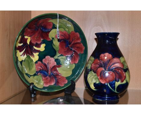 A LARGE MOORCROFT POTTERY BOWL AND VASE, comprising a bowl decorated with the Hibiscus pattern on a blue/green ground, diamet