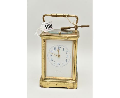 A FRENCH REPEATER BRASS CARRIAGE CLOCK, a rectangular form clock, Arabic numerals, signed 'A Barrie Paris', striking on a gon