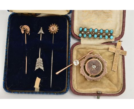AN ASSORTMENT OF LATE 19TH AND EARLY 20TH CENTURY STICK PINS AND BROOCHES, the first a rose cut diamond set stick pin designe