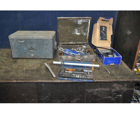 A VINTAGE KING DICK 'SERVICE MANS TOOLBOX'  and a box containing automotive tools including spanners, sockets and ratchets by