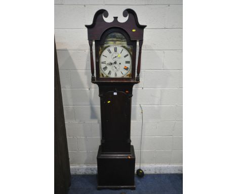 A STAINED MAHOGANY EIGHT DAY LONGCASE CLOCK, the hood with swan neck pediment, pillar supports, the arched glass door enclosi