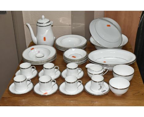A ROYAL WORCESTER 'SILVER VICEROY' DESIGN DINNER AND COFFEE SET, comprising coffee pot (broken handle), seven coffee cans, ei