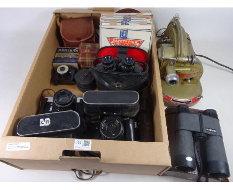 Collection of Cameras and Cinema equipment including Chaplin 9.5 mm films, vintage Gem projector and two pairs of binoculars 