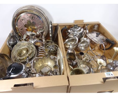 Early 20th Century three piece tea set with love heart design and other silver plate and metal ware in two boxes   Condition 