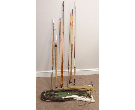 Four Fishing rods, D.A.M standard fly fishing rod, split cane rod, R. Chapman Mark 4 550 carp rod and a HW Aiken fibre glass 