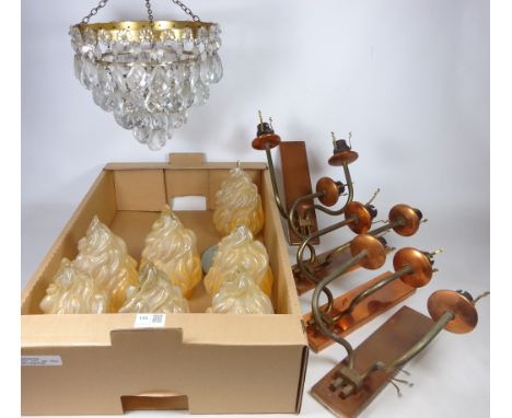 Set of four copper and brass wall light fitting, a set of eight Art Deco glass shades and a cut glass centre light fitting   