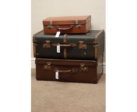 Early 20th century wooden bound travelling trunk and two other suitcases    Condition Report   Click here for further images,