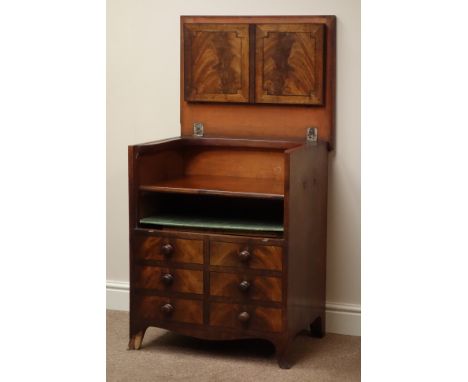 George III figured mahogany commode, double hinged lid, six false drawers, on splayed bracket feet, W63cm, H77cm, D51cm   Con