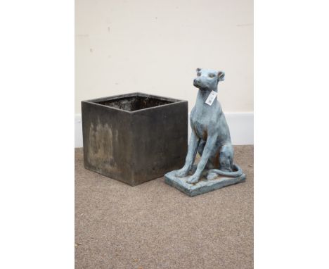 Composite labrador garden figure and a square planter