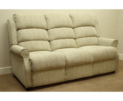 Three seat sofa (W185cm), and pair matching high seat armchairs (W68cm), upholstered in oatmeal fabric  