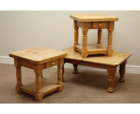 Rectangular waxed pine coffee table (92cm x 61cm, H39cm), and pair matching lamp tables with single drawers   Condition Repor