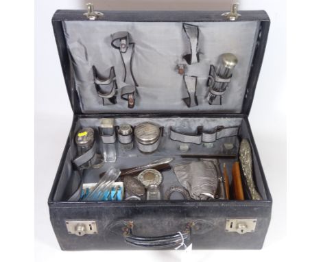 Early 20th Century leather vanity case with various hallmarked silver fittings, related items and two early 20th Century chai
