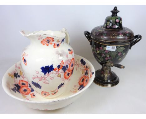 Victorian Jackfield type Samovar decorated with grapes and vines with brass tap H. 39cms. And a Victorian wash jug and basin 