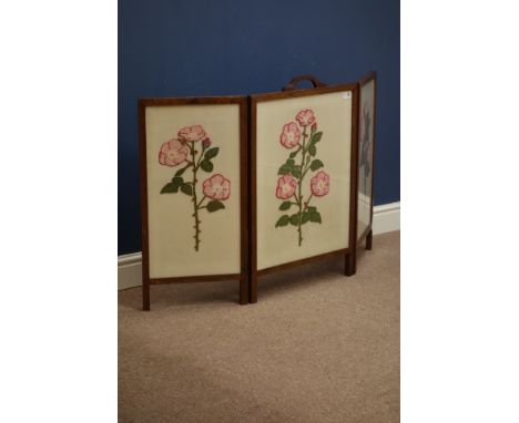 Early 20th century oak framed three fold firescreen with needle work panels   Condition Report   Click here for further image