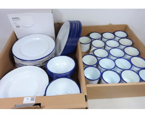 White and blue rim enamel dinner and teaware in two boxes   Condition Report   Click here for further images, condition, auct