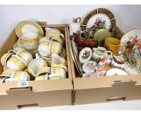 Quantity of Churchill teaware, ceramic model of a horse and foal, brass gong, hunting scene decorative ceramics and miscellan