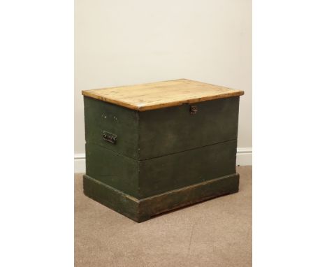 19th century waxed and painted pine trunk with hinged lid, W75cm, H61cm, H52cm   Condition Report   Click here for further im
