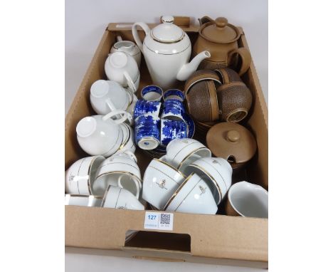 Set of six Grainger & Co. Worcester Willow pattern blue & white coffee cans and saucers, Denby pottery coffee service and QE1