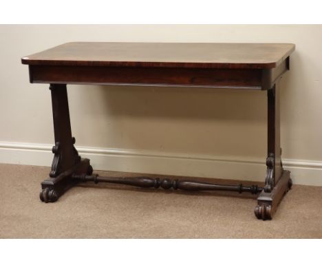 Early Victorian rosewood console table, end supports connected by turned stretcher, 115cm x 56cm, H69cm   Condition Report   