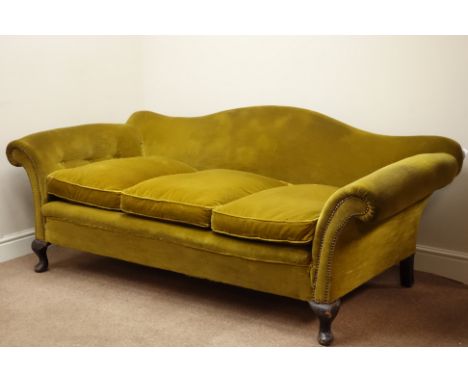 Late 19th century beech framed traditional shaped sofa with camel back, upholstered in green velvet, W194cm   Condition Repor