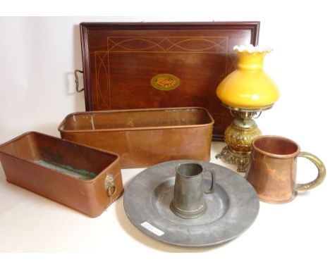 Two copper rectangular planters, Edwardian mahogany serving tray, converted oil lamp, pewter and a copper tankard (7)   Condi