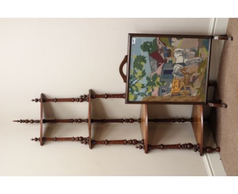 Late Victorian inlaid walnut four tier corner whatnot with twist supports (W58cm, H149cm), and an early 20th century firescre