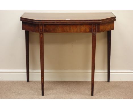 Early 19th century figured mahogany fold over card table with canted corners, double gate leg action base, tapering supports,