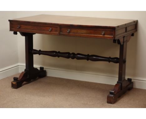 19th century rosewood and yew wood banded console table, two drawers, end supports connected by turned stretcher, W118cm, H76