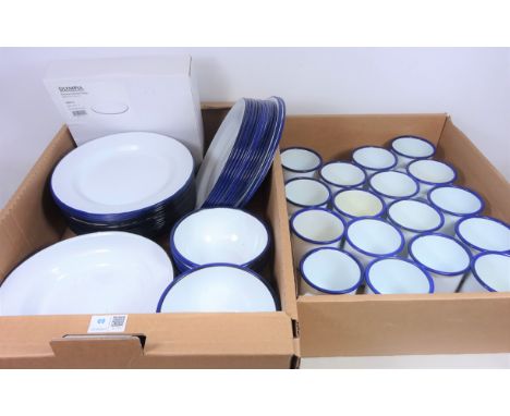 White and blue rim enamel dinner and teaware in two boxes   Condition Report   Click here for further images, condition, auct