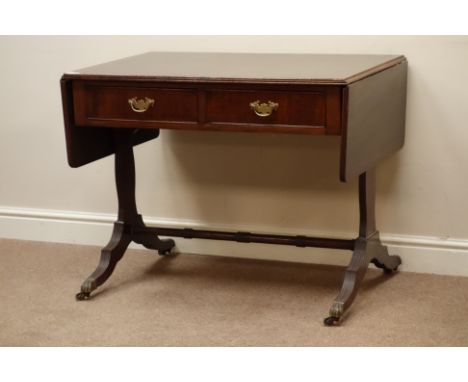 Reproduction mahogany two drawer drop leaf sofa table, W93cm, H72cm, D60cm   Condition Report   Click here for further images