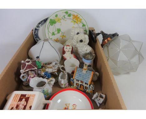 19th Century Pratt Ware cottage money box, three 19th Century Staffordshire dogs, Art Deco period light fitting and other dec