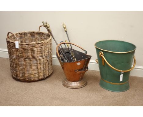 Copper coal bucket, green and gold painted coal bucket, wicker bin and various fireside tools   Condition Report   Click here