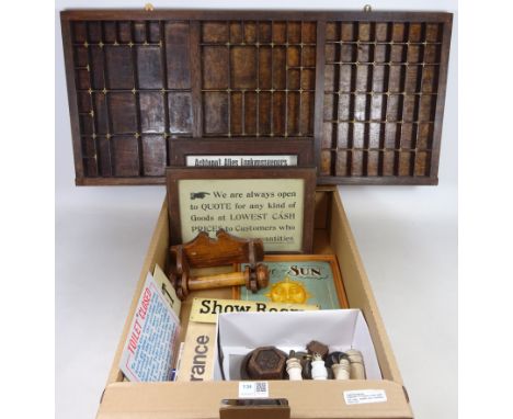 Collection of lavatory chain pulls and signs, weights and a printing block rack in one box   Condition Report   Click here fo