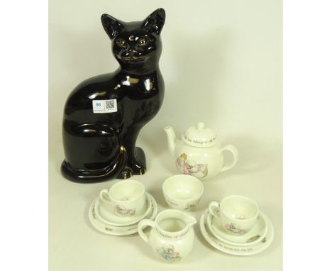 Wedgwood Beatrix Potter 'Mrs Tiggy-Winkle' Children's Tea Set for two and a Beswick black Zodiac cat, H29cm    Condition Repo