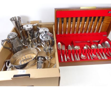 Old Hall polished stainless steel tea set on tray, silver plated tea pots, toast rack, Community plate canteen of cutlery and