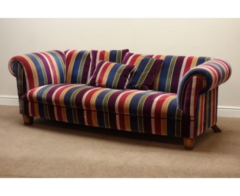 Tetrad three seat Chesterfield sofa upholstered in stripe cover, walnut finish feet, W215cm   Condition Report   Click here f