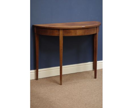 Early 19th century mahogany demi-lune console table, square tapering supports, boxwood stringing, W93cm, H70cm, 44cm   Condit