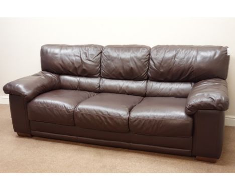 Three seat sofa (W210cm), and matching two seater (W157cm), upholstered in black leather 