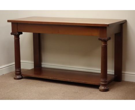 Edwardian rectangular console table with undertier, fluted front supports with carved capitals, W137cm, H78cm, D60cm   Condit