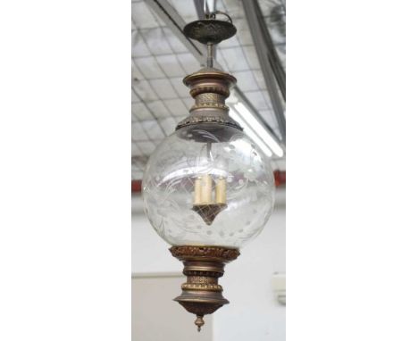 19th century style 3 globe pendant light with glass ball shade, 75cm high approx