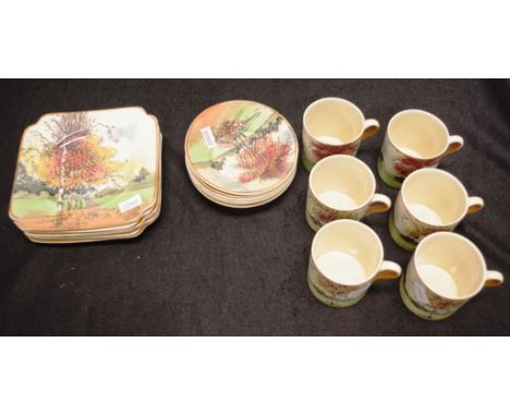 Six Royal Doulton "Autumn Glory" coffee trios comprising 6 coffee cans, 6 saucers, and 6 square side plates