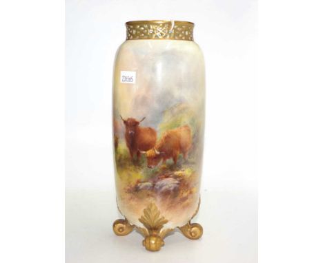 Royal Worcester Harry Stinton Highland cattle vase cylindrical form with pierced rim on 4 feet, with handpainted two highland