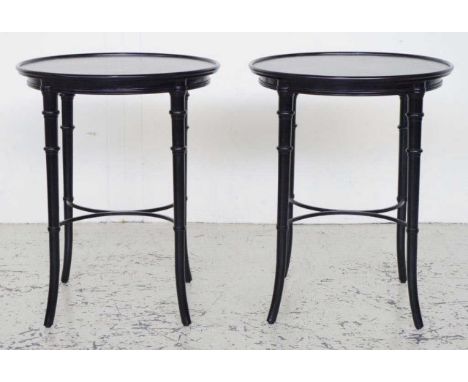 Pair of painted timber lamp tables with bamboo style legs, 55cm diameter, 69cm high approx