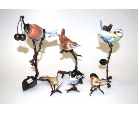 Six Royal Worcester bird models on metal stands to include wren, blue tit, chaffinch, 3 large and 3 small, tallest 19cm
