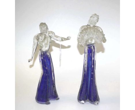 Good pair Murano glass musician &amp; dancer figures each with clear glass upper figures, to blue lower dress, depicting a mu